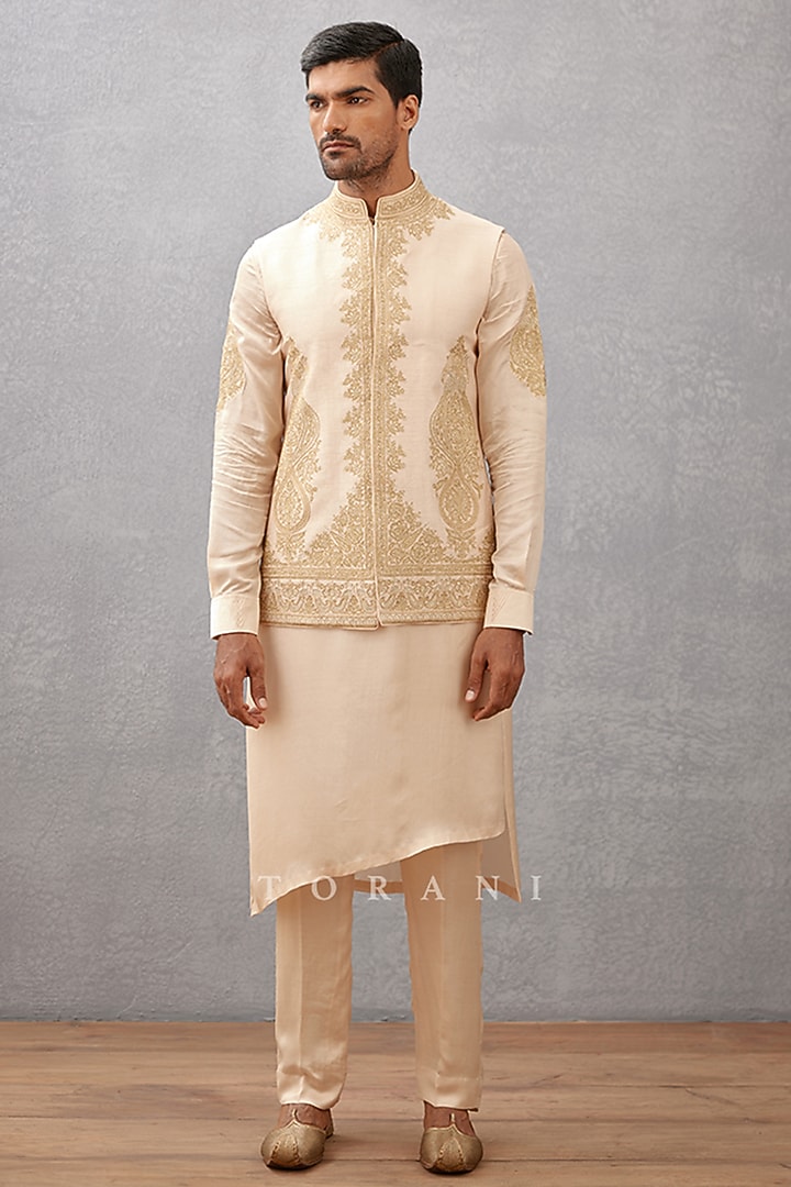 Ivory Cotton Silk & Modal Satin Hand Embroidered Bundi Set by Torani Men at Pernia's Pop Up Shop