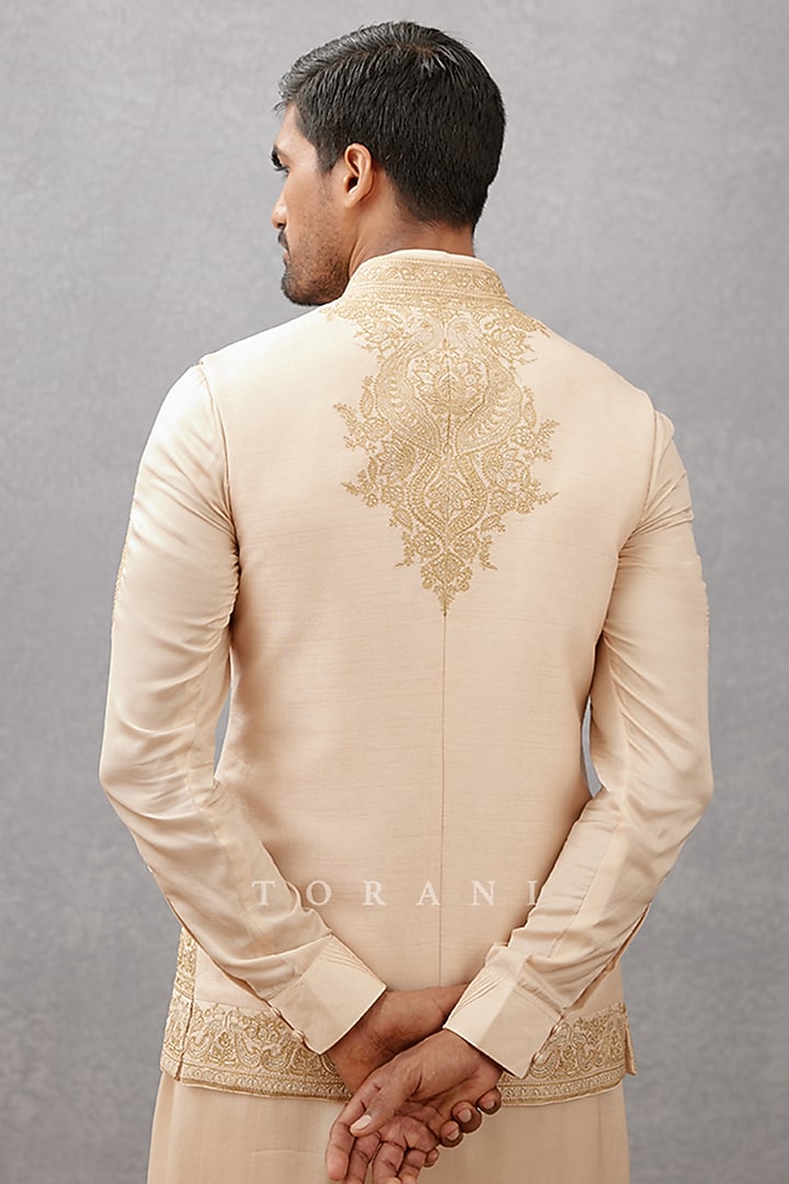 Ivory Cotton Silk & Modal Satin Hand Embroidered Bundi Set by Torani Men at Pernia's Pop Up Shop