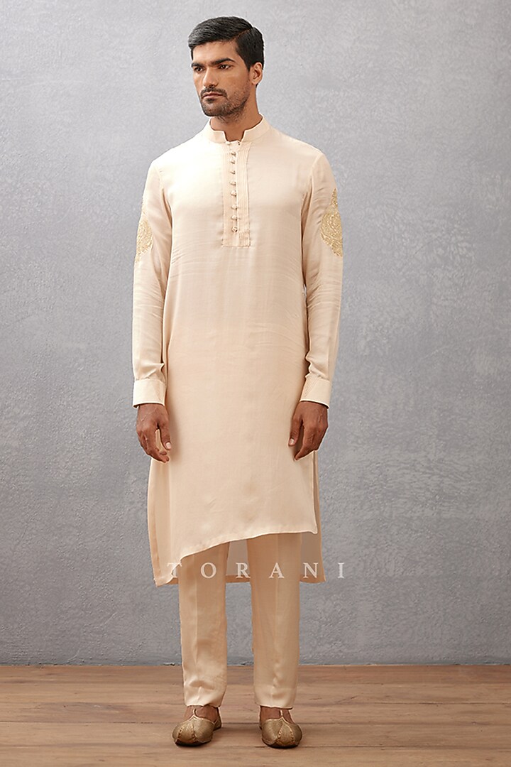 Ivory Cotton Silk & Modal Satin Hand Embroidered Bundi Set by Torani Men at Pernia's Pop Up Shop