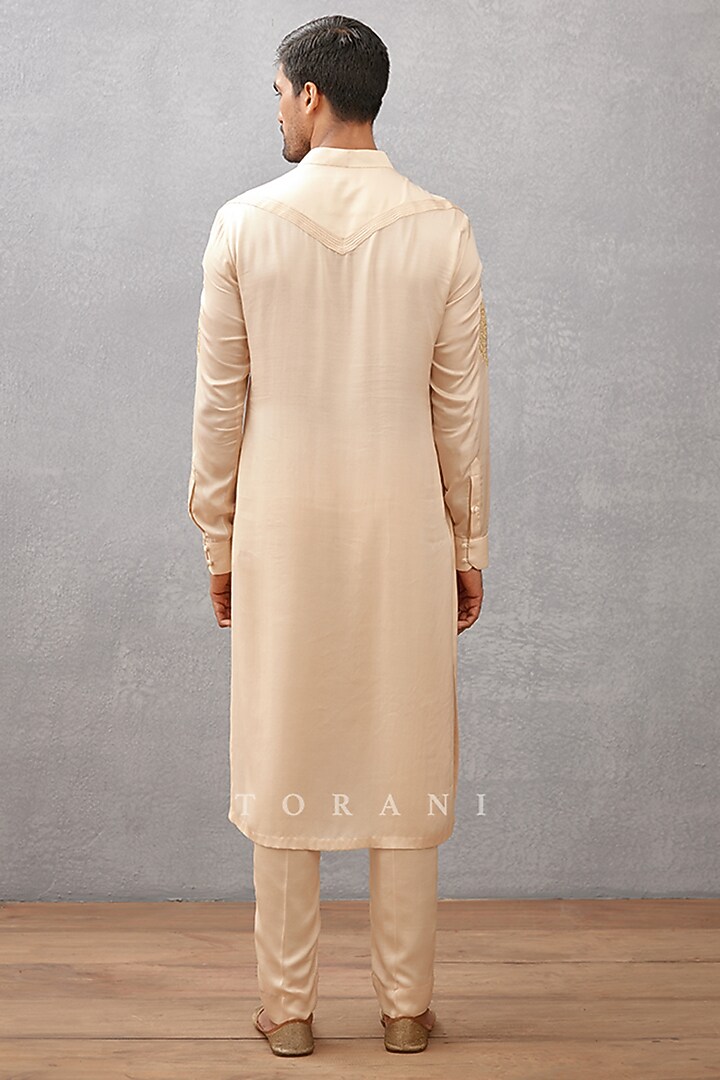 Ivory Cotton Silk & Modal Satin Hand Embroidered Bundi Set by Torani Men at Pernia's Pop Up Shop