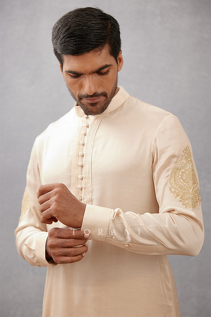 Ivory Cotton Silk & Modal Satin Hand Embroidered Bundi Set by Torani Men at Pernia's Pop Up Shop