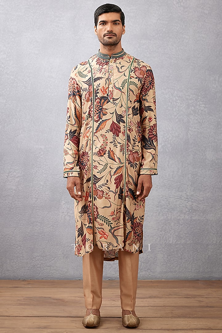 Beige Cotton Silk & Handwoven Chanderi Digital Printed Kurta Set by Torani Men at Pernia's Pop Up Shop