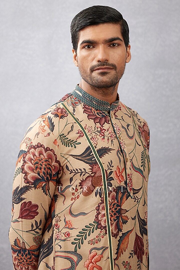 Beige Cotton Silk & Handwoven Chanderi Digital Printed Kurta Set by Torani Men at Pernia's Pop Up Shop