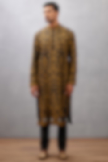 Black Cotton Silk & Handwoven Chanderi Hand Embroidered Kurta Set by Torani Men at Pernia's Pop Up Shop