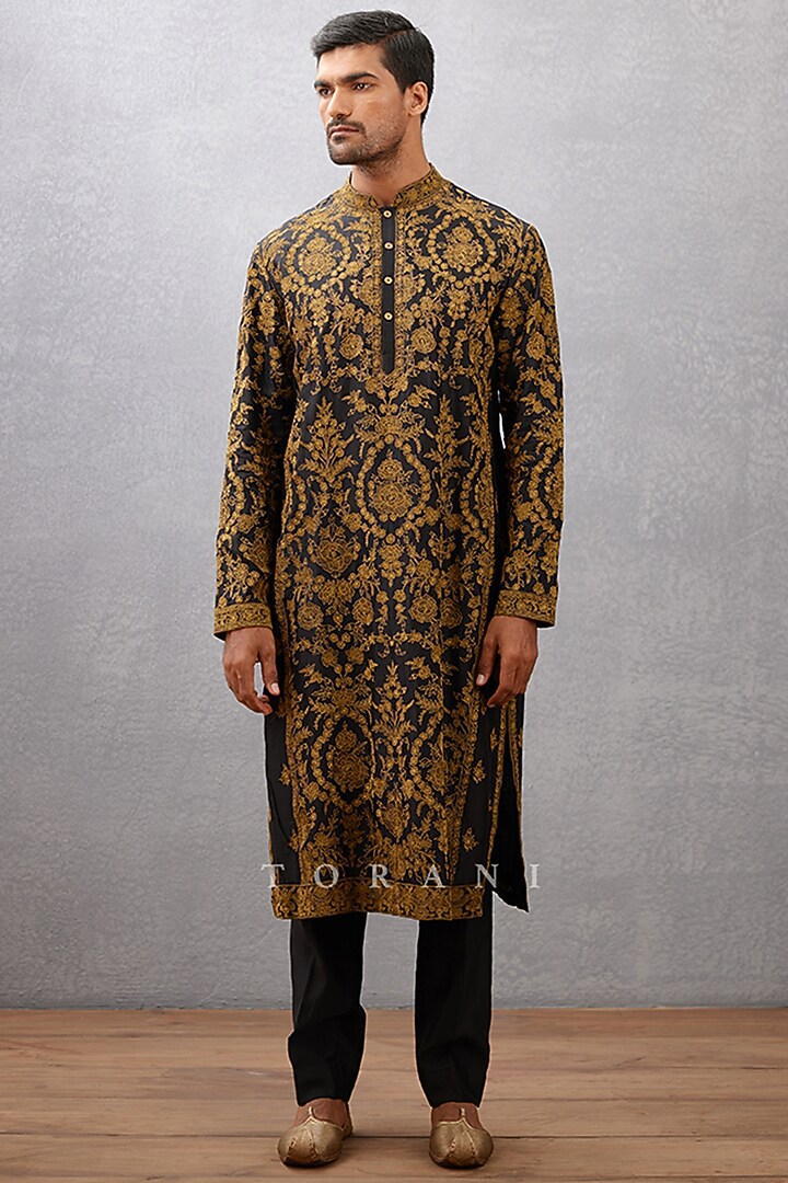 Black Cotton Silk & Handwoven Chanderi Hand Embroidered Kurta Set by Torani Men at Pernia's Pop Up Shop