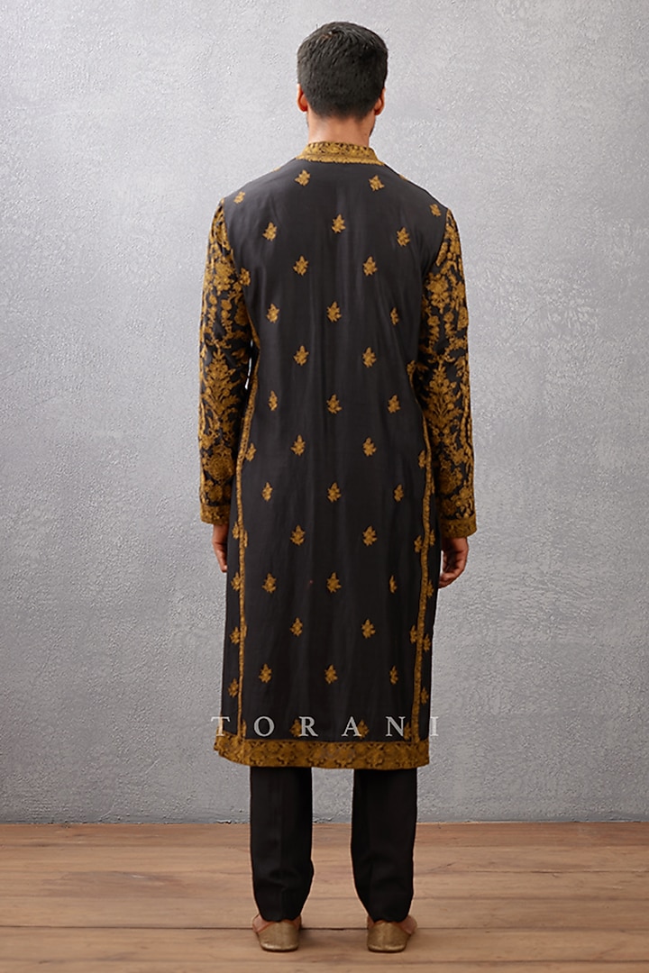Black Cotton Silk & Handwoven Chanderi Hand Embroidered Kurta Set by Torani Men at Pernia's Pop Up Shop