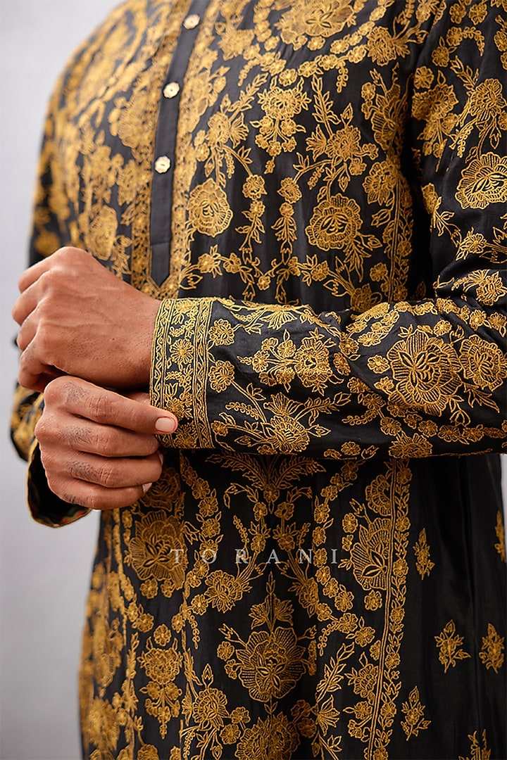 Black Cotton Silk & Handwoven Chanderi Hand Embroidered Kurta Set by Torani Men at Pernia's Pop Up Shop