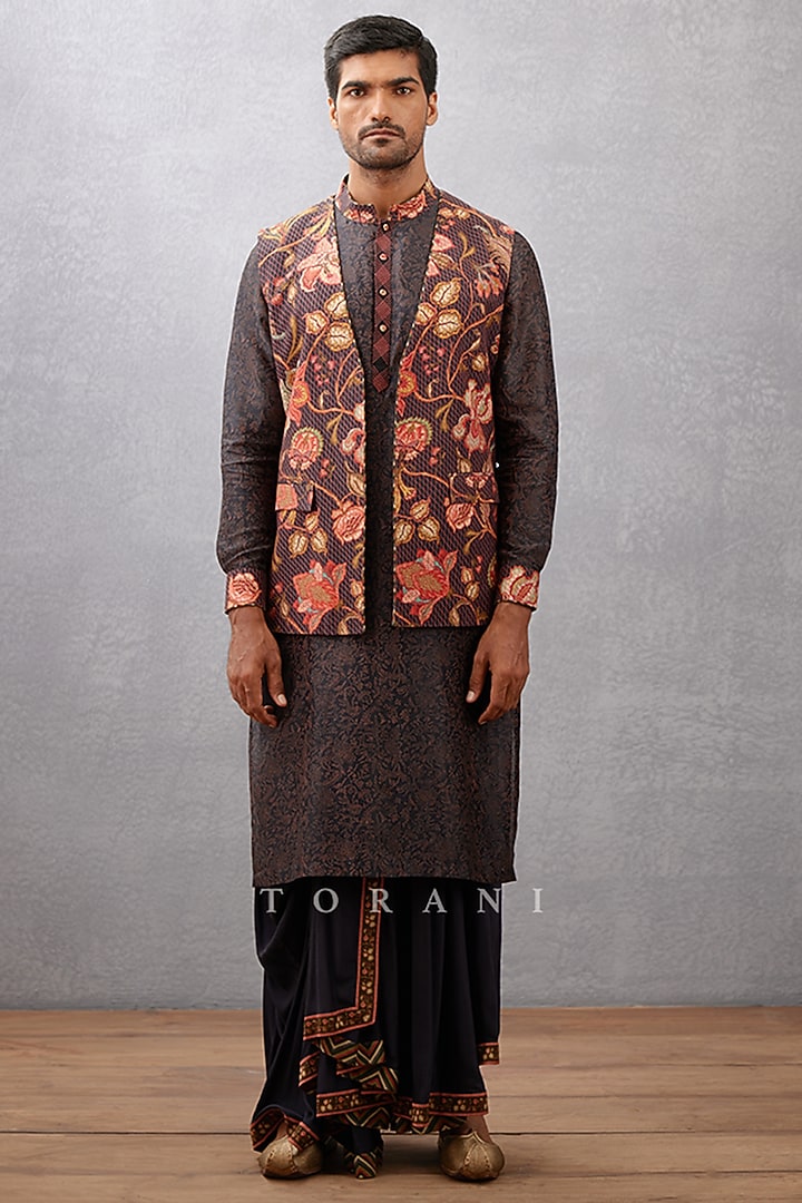 Black Cotton Silk & Handwoven Chanderi Hand Block Printed Bundi Set by Torani Men at Pernia's Pop Up Shop