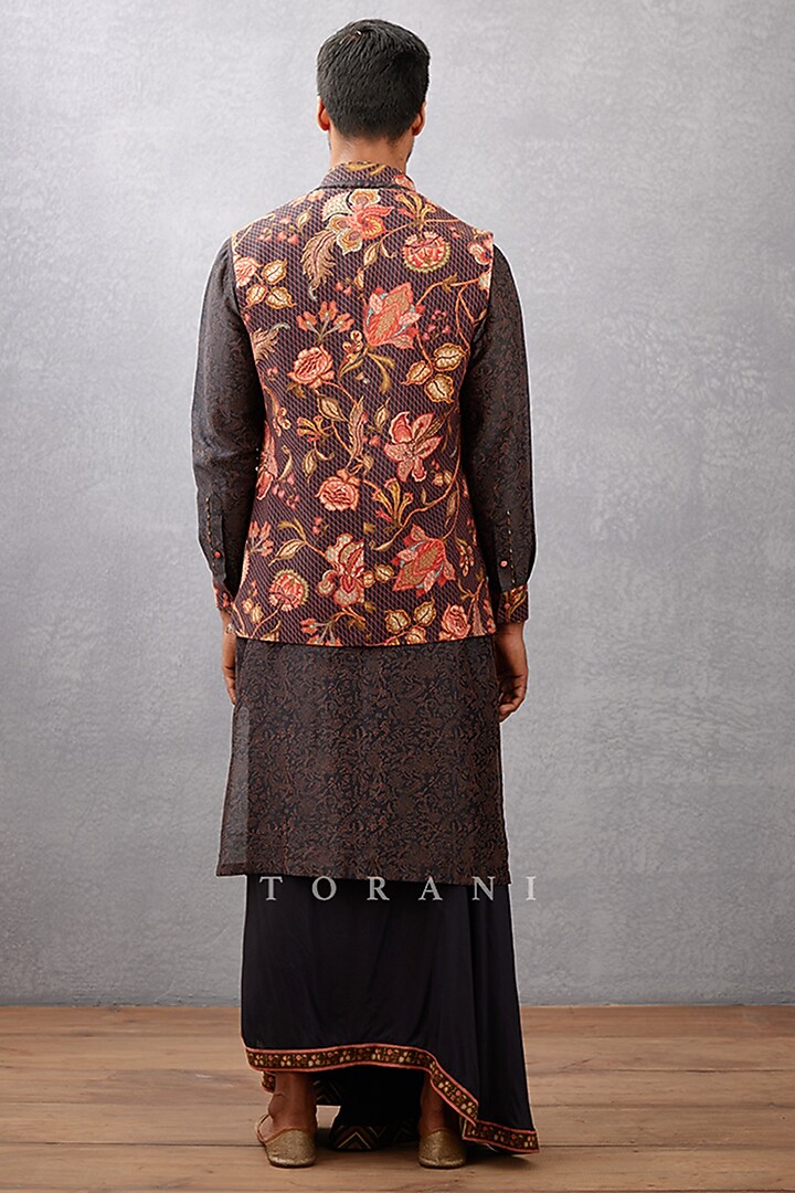 Black Cotton Silk & Handwoven Chanderi Hand Block Printed Bundi Set by Torani Men at Pernia's Pop Up Shop