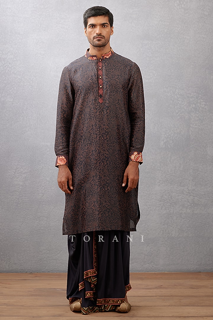 Black Cotton Silk & Handwoven Chanderi Hand Block Printed Bundi Set by Torani Men at Pernia's Pop Up Shop