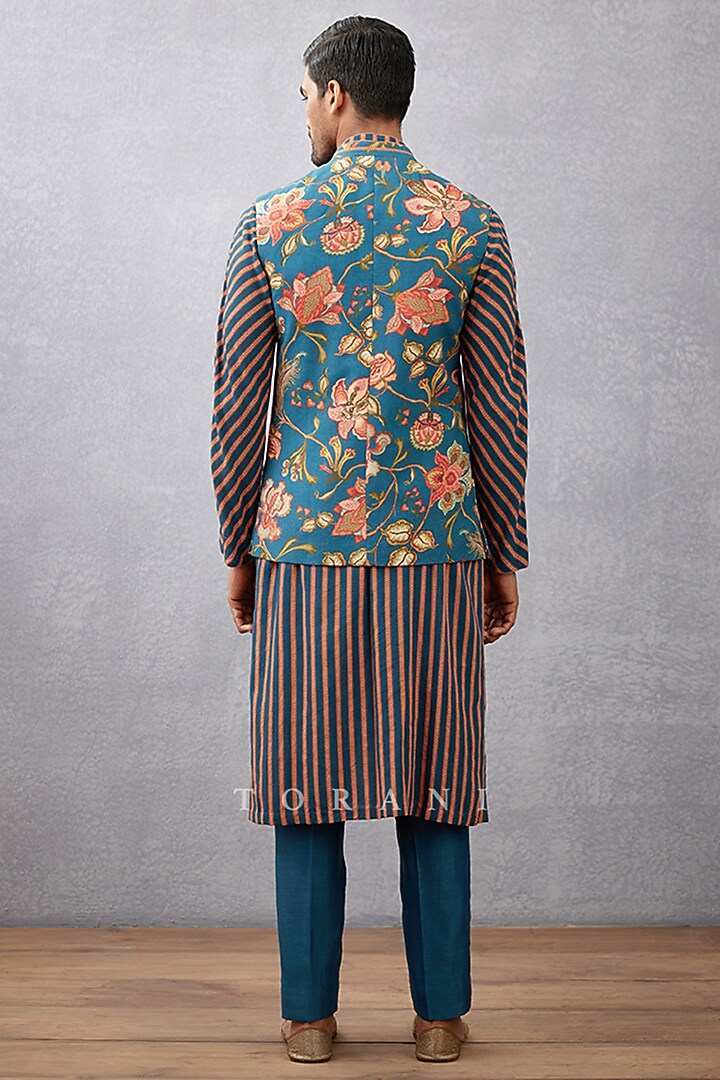 Blue Cotton Silk & Handwoven Chanderi Hand Block Printed Bundi Set by Torani Men at Pernia's Pop Up Shop