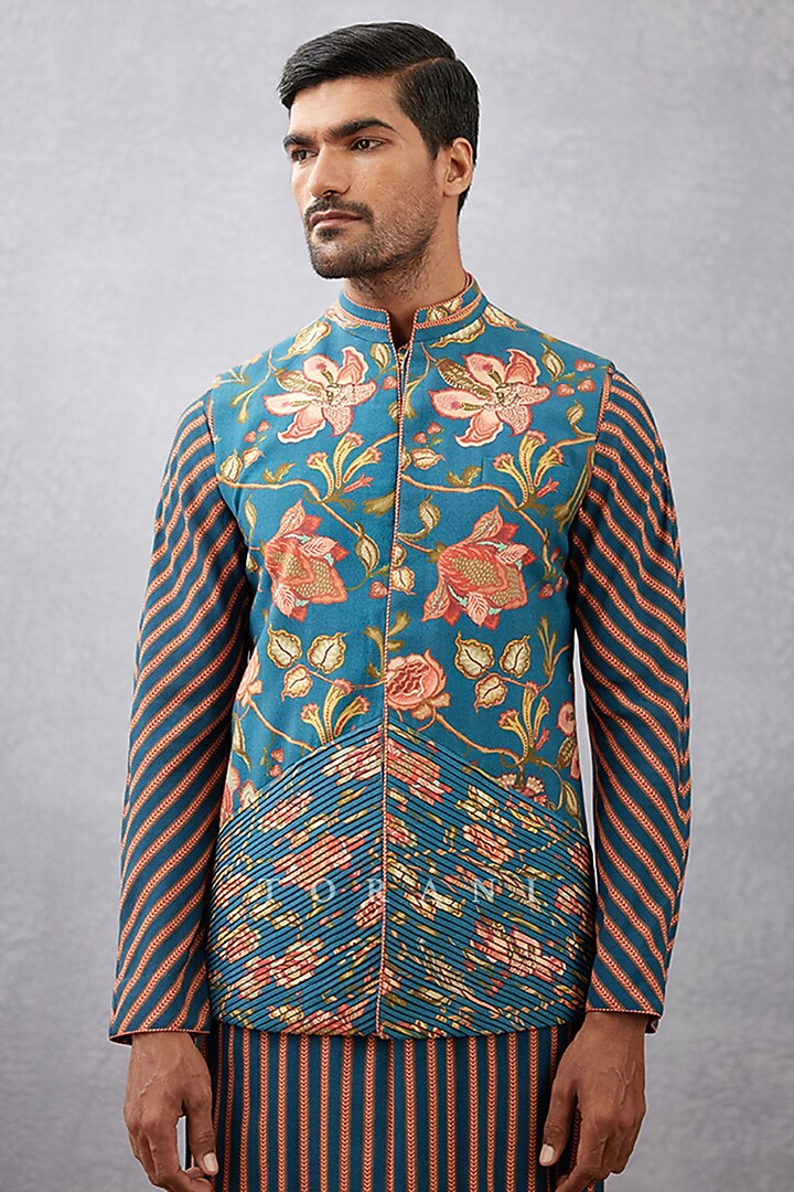 Blue Cotton Silk & Handwoven Chanderi Hand Block Printed Bundi Set by Torani Men at Pernia's Pop Up Shop