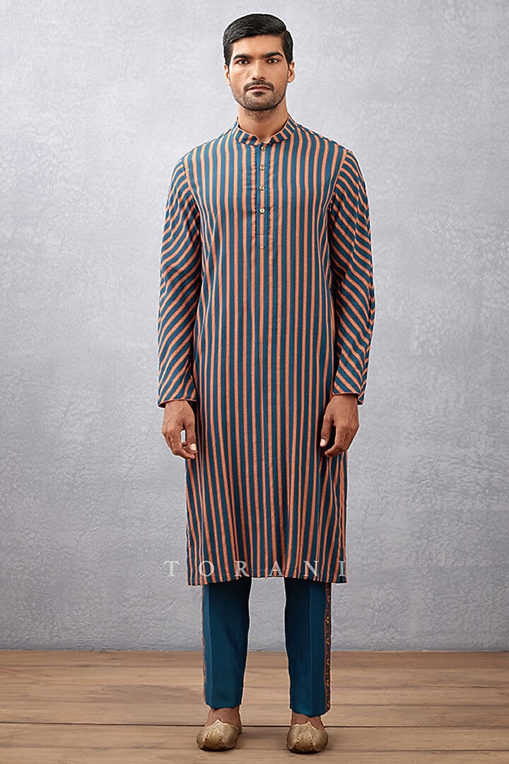 Blue Cotton Silk & Handwoven Chanderi Hand Block Printed Bundi Set by Torani Men at Pernia's Pop Up Shop
