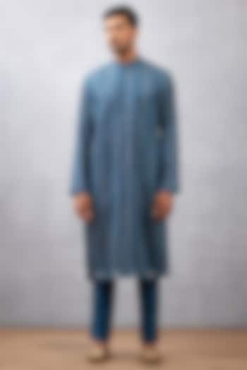 Blue Handwoven Chanderi & Cotton Voile Kurta Set by Torani Men at Pernia's Pop Up Shop