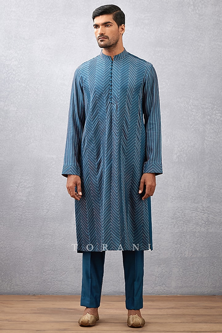 Blue Handwoven Chanderi & Cotton Voile Kurta Set by Torani Men at Pernia's Pop Up Shop