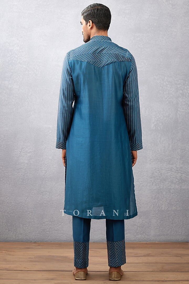 Blue Handwoven Chanderi & Cotton Voile Kurta Set by Torani Men at Pernia's Pop Up Shop