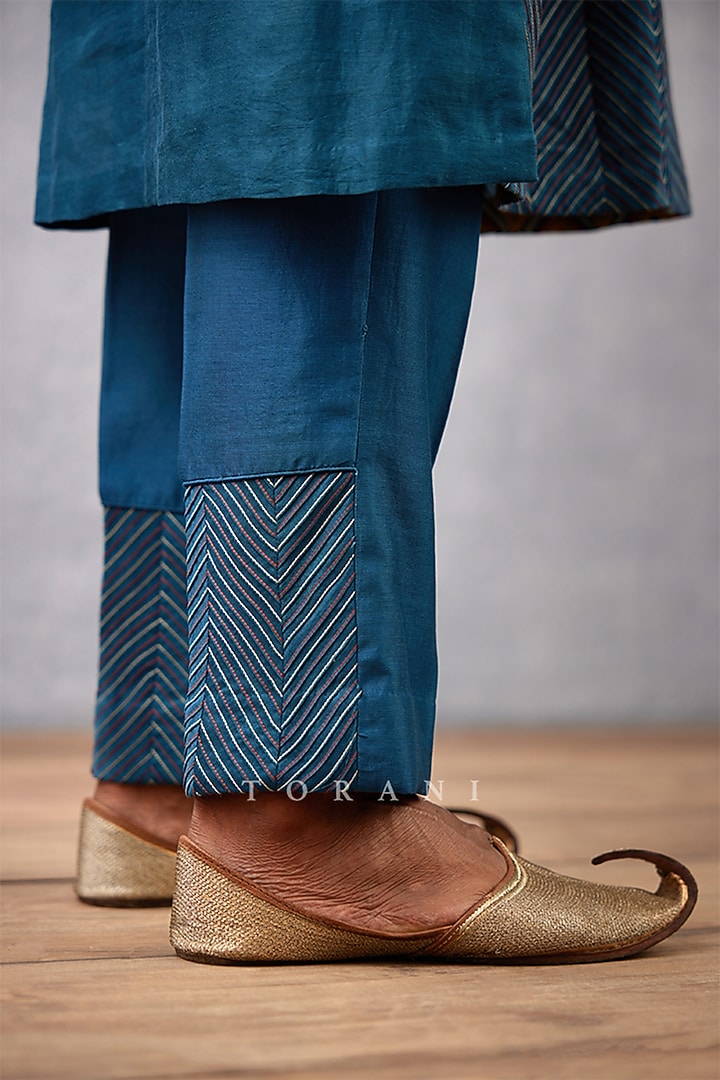 Blue Handwoven Chanderi & Cotton Voile Kurta Set by Torani Men at Pernia's Pop Up Shop