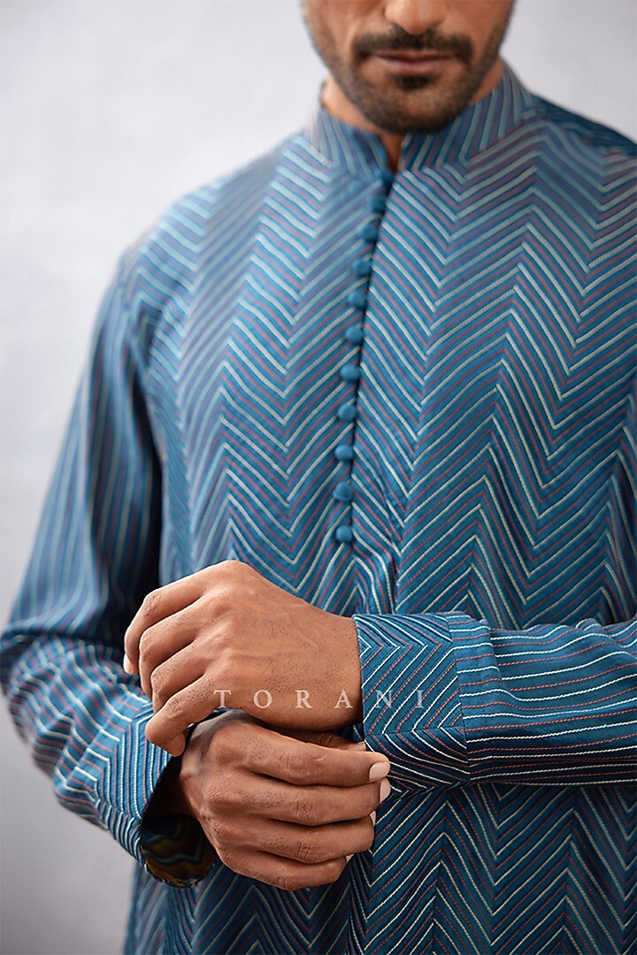Blue Handwoven Chanderi & Cotton Voile Kurta Set by Torani Men at Pernia's Pop Up Shop