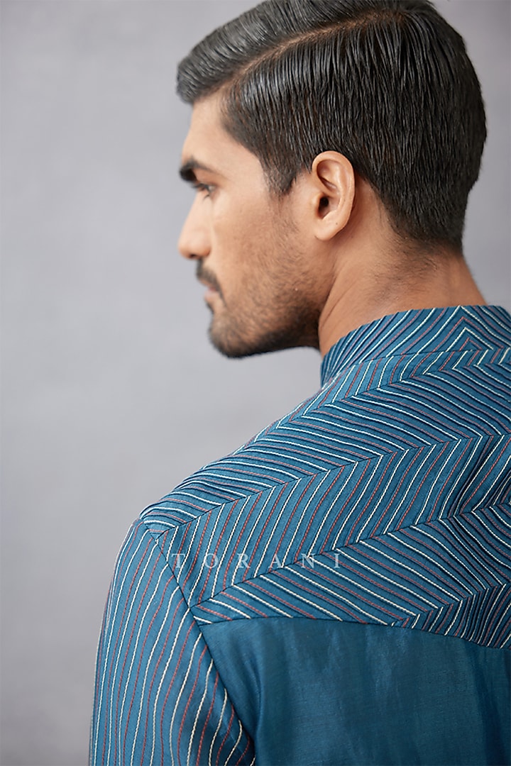 Blue Handwoven Chanderi & Cotton Voile Kurta Set by Torani Men at Pernia's Pop Up Shop