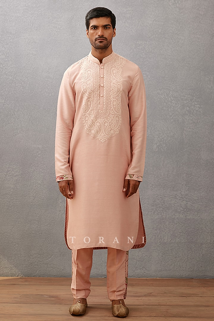 Pink Raw Silk & Cotton Voile Dori Embroidered Kurta Set by Torani Men at Pernia's Pop Up Shop