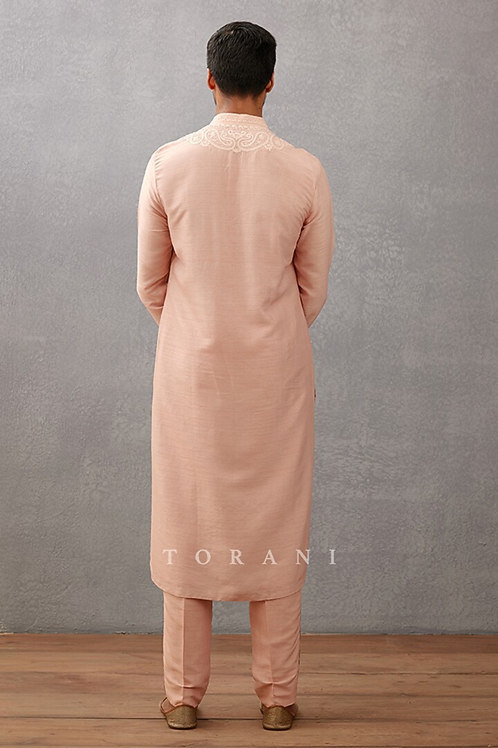 Pink Raw Silk & Cotton Voile Dori Embroidered Kurta Set by Torani Men at Pernia's Pop Up Shop