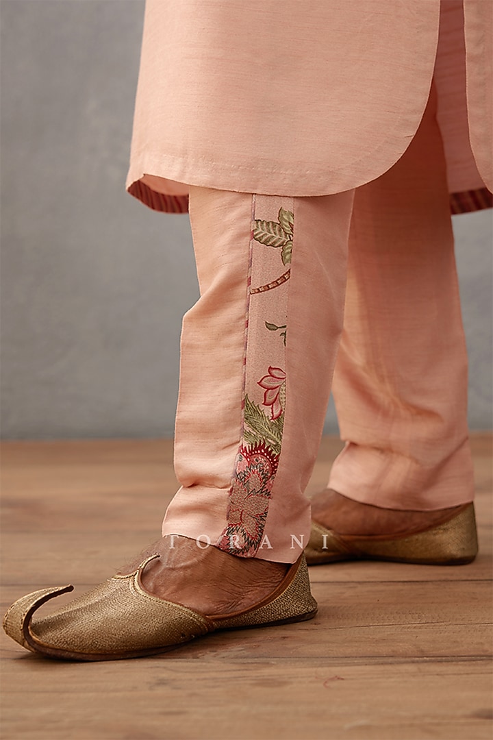 Pink Raw Silk & Cotton Voile Dori Embroidered Kurta Set by Torani Men at Pernia's Pop Up Shop