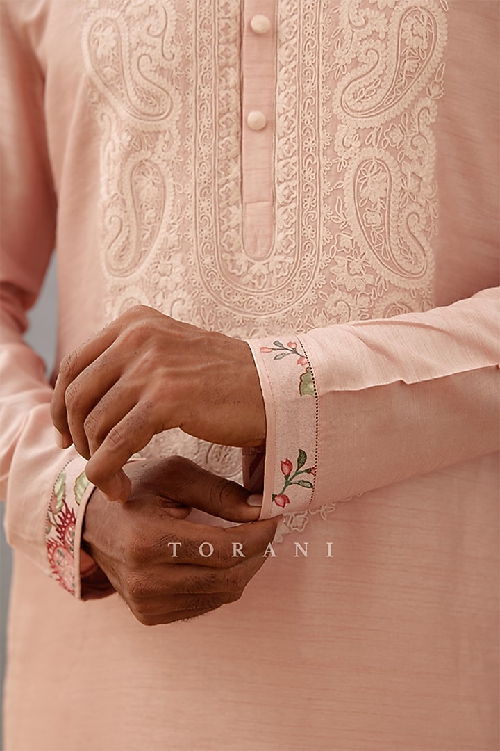 Pink Raw Silk & Cotton Voile Dori Embroidered Kurta Set by Torani Men at Pernia's Pop Up Shop
