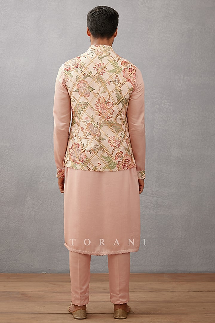 Pink Modal Satin & Cotton Voile Hand Block Printed Bundi Set by Torani Men at Pernia's Pop Up Shop