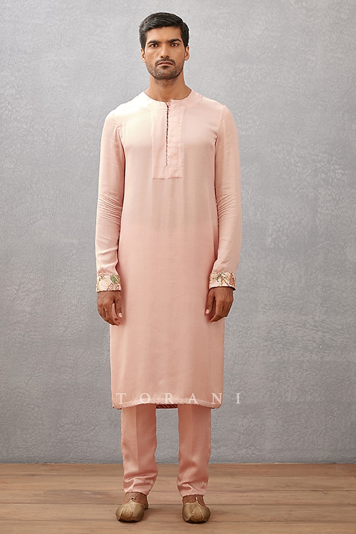Pink Modal Satin & Cotton Voile Hand Block Printed Bundi Set by Torani Men at Pernia's Pop Up Shop