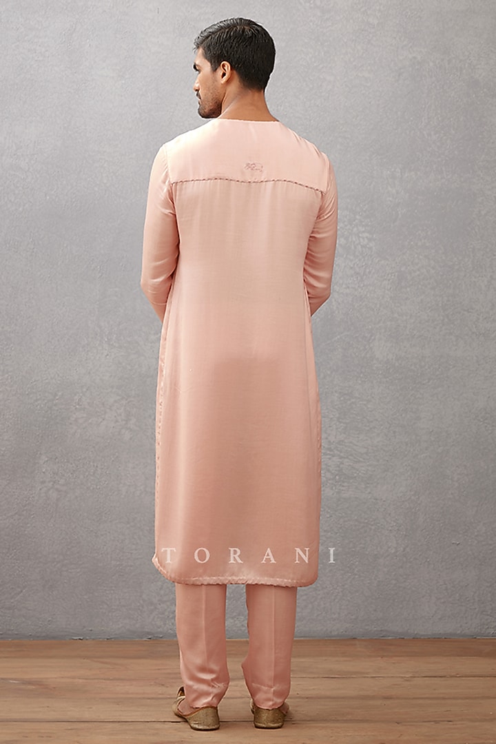 Pink Modal Satin & Cotton Voile Hand Block Printed Bundi Set by Torani Men at Pernia's Pop Up Shop