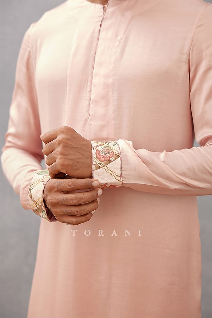 Pink Modal Satin & Cotton Voile Hand Block Printed Bundi Set by Torani Men at Pernia's Pop Up Shop