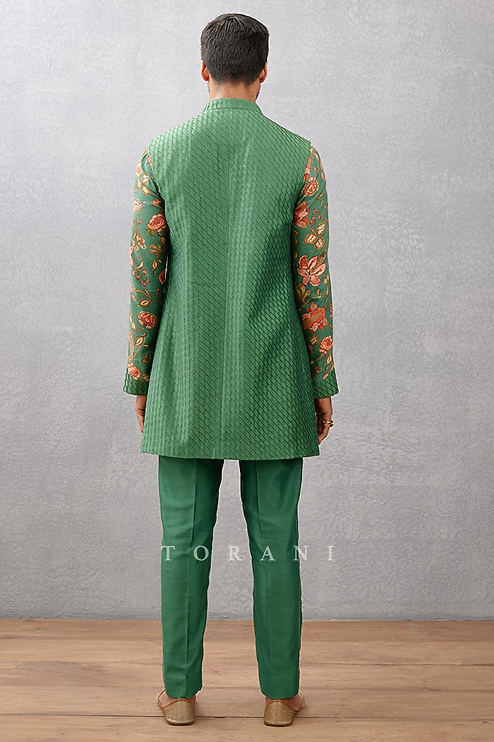 Green Cotton Silk & Handwoven Chanderi Digital Printed Wedding Indowestern Set by Torani Men at Pernia's Pop Up Shop