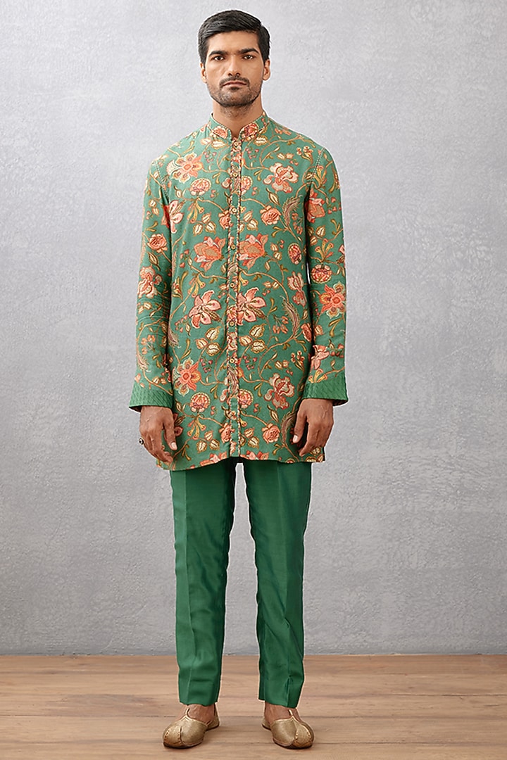 Green Cotton Silk & Handwoven Chanderi Digital Printed Wedding Indowestern Set by Torani Men at Pernia's Pop Up Shop