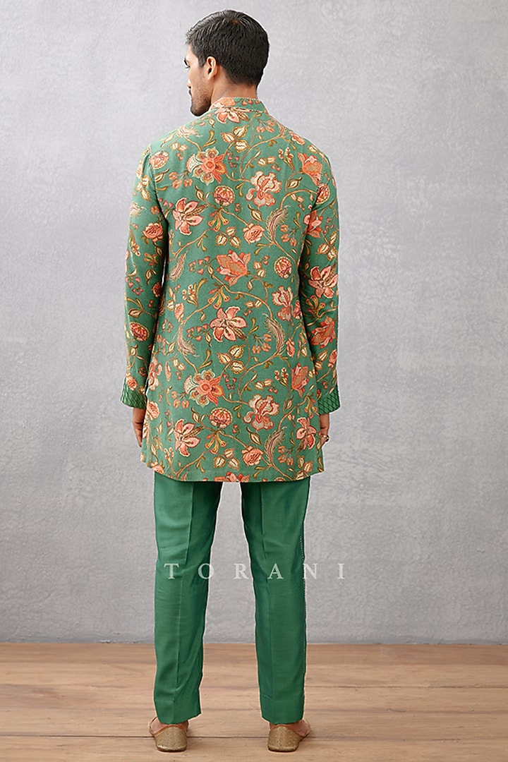 Green Cotton Silk & Handwoven Chanderi Digital Printed Wedding Indowestern Set by Torani Men at Pernia's Pop Up Shop