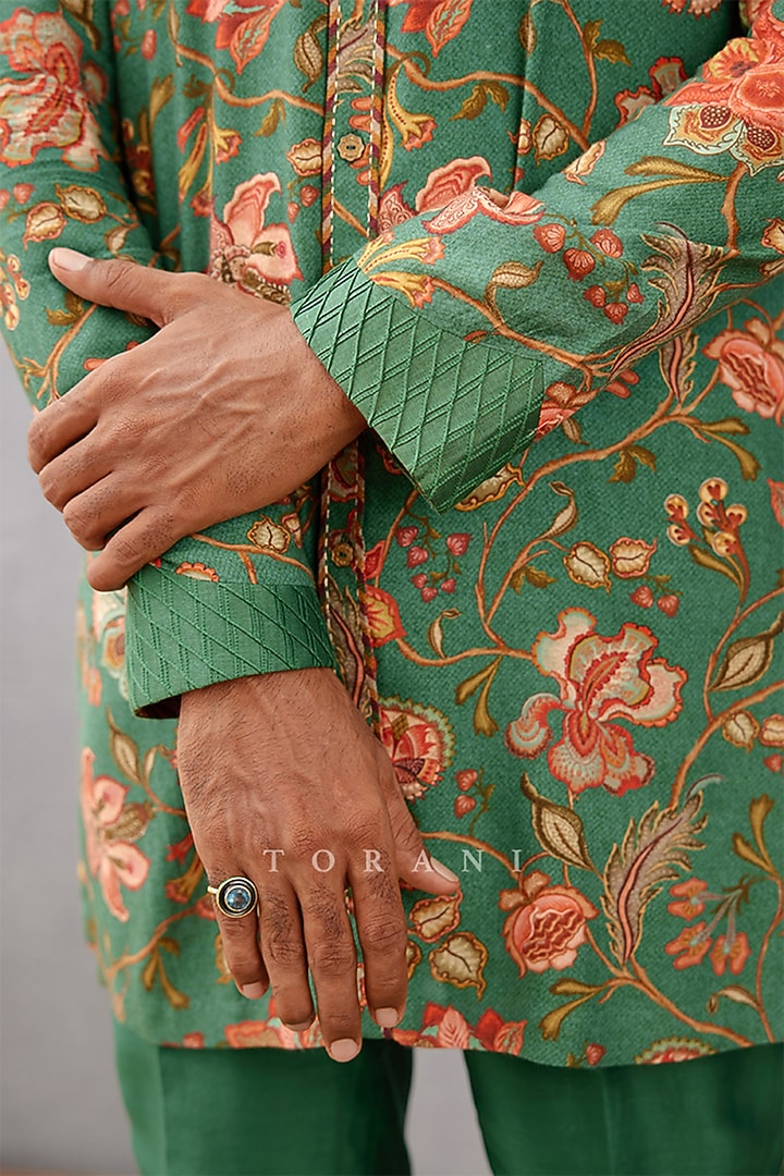 Green Cotton Silk & Handwoven Chanderi Digital Printed Wedding Indowestern Set by Torani Men at Pernia's Pop Up Shop