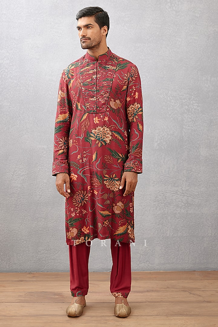 Red Cotton Silk & Slub Silk Digital Printed Kurta Set by Torani Men at Pernia's Pop Up Shop