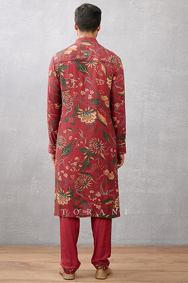 Red Cotton Silk & Slub Silk Digital Printed Kurta Set by Torani Men at Pernia's Pop Up Shop