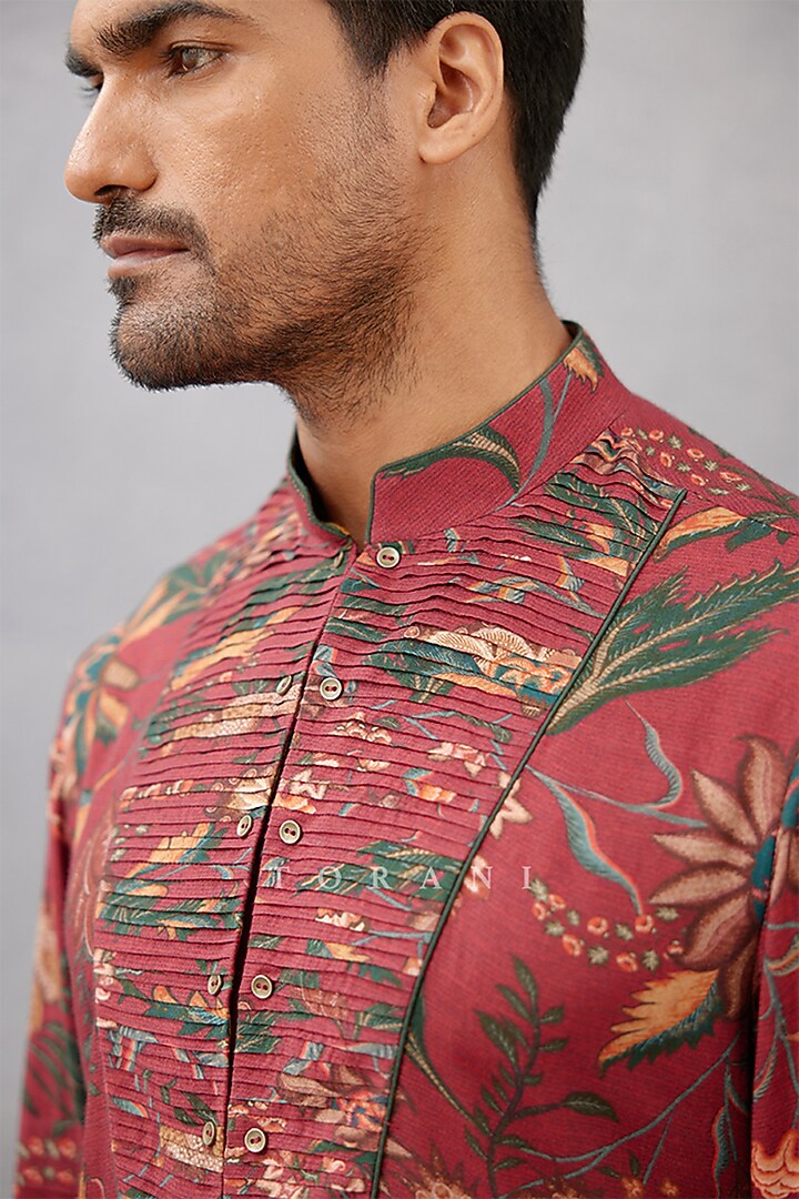 Red Cotton Silk & Slub Silk Digital Printed Kurta Set by Torani Men at Pernia's Pop Up Shop