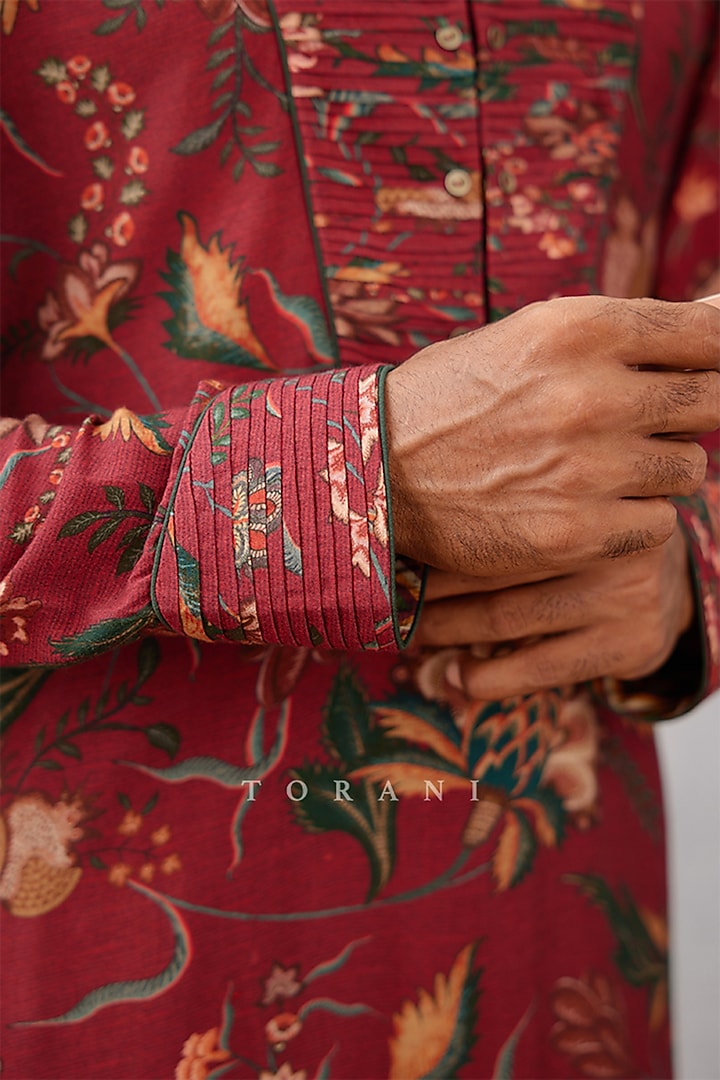 Red Cotton Silk & Slub Silk Digital Printed Kurta Set by Torani Men at Pernia's Pop Up Shop