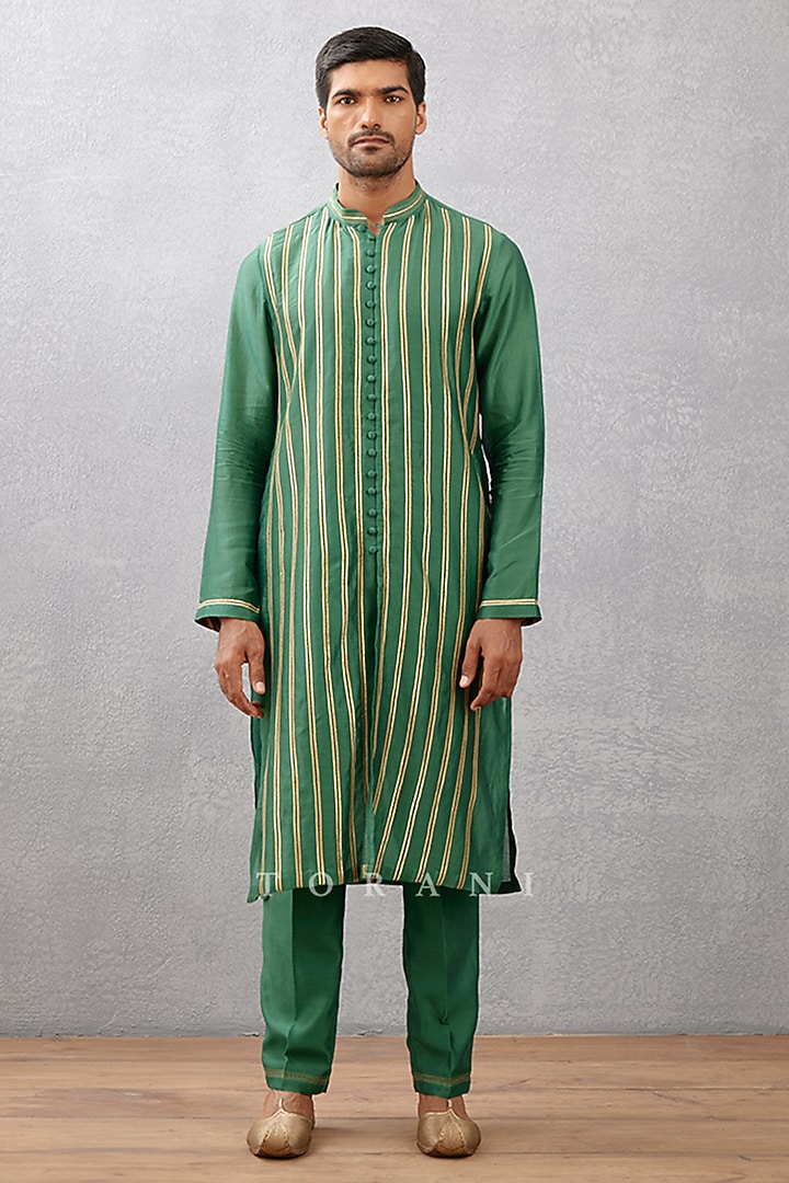 Green Handwoven Chanderi & Cotton Voile Gota Embroidered Kurta Set by Torani Men at Pernia's Pop Up Shop