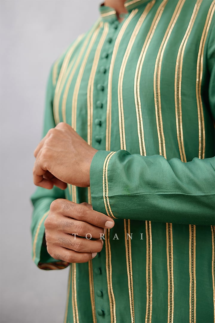 Green Handwoven Chanderi & Cotton Voile Gota Embroidered Kurta Set by Torani Men at Pernia's Pop Up Shop