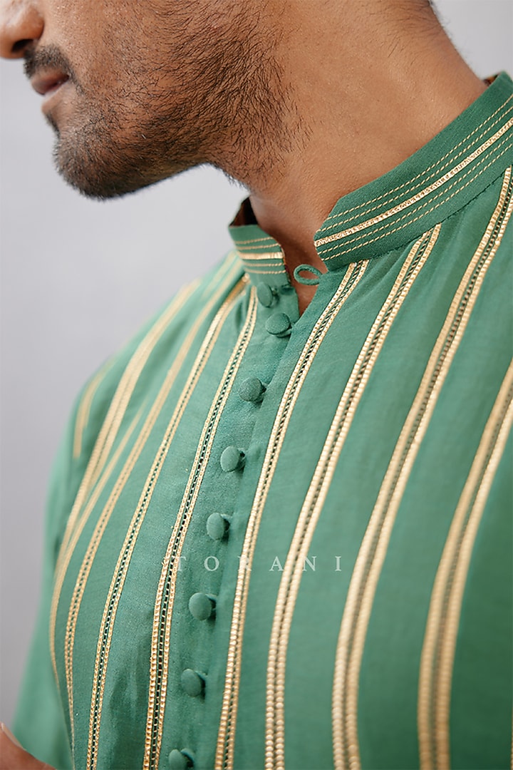 Green Handwoven Chanderi & Cotton Voile Gota Embroidered Kurta Set by Torani Men at Pernia's Pop Up Shop