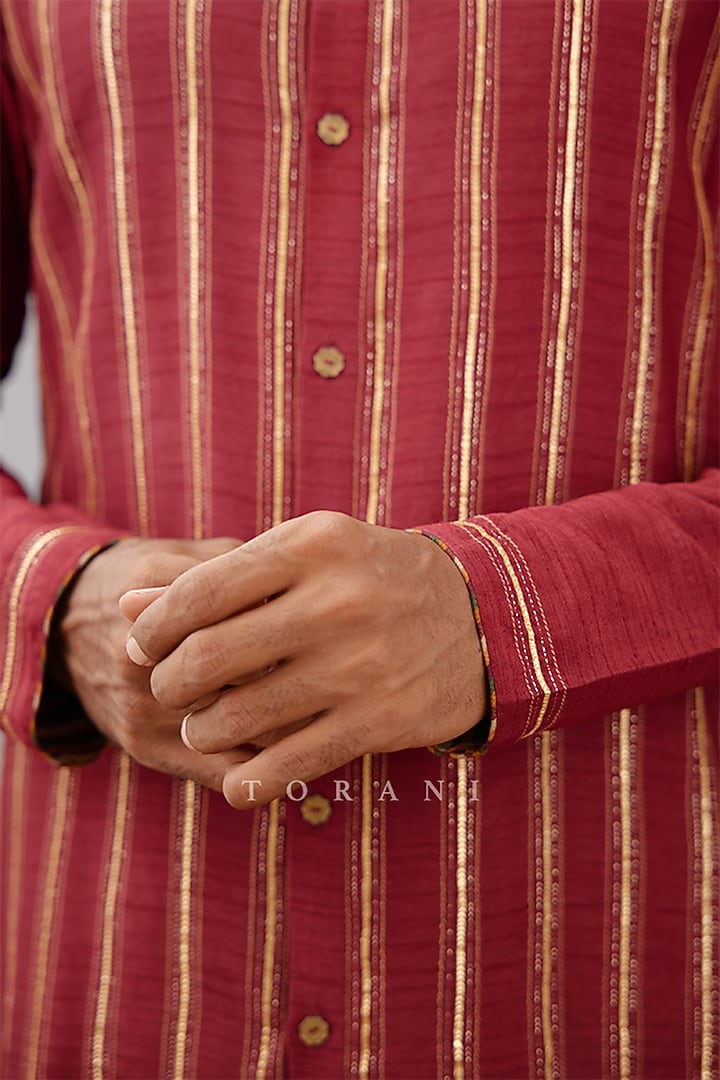 Red Raw Silk & Cotton Silk Gota Embroidered Kurta Set by Torani Men at Pernia's Pop Up Shop