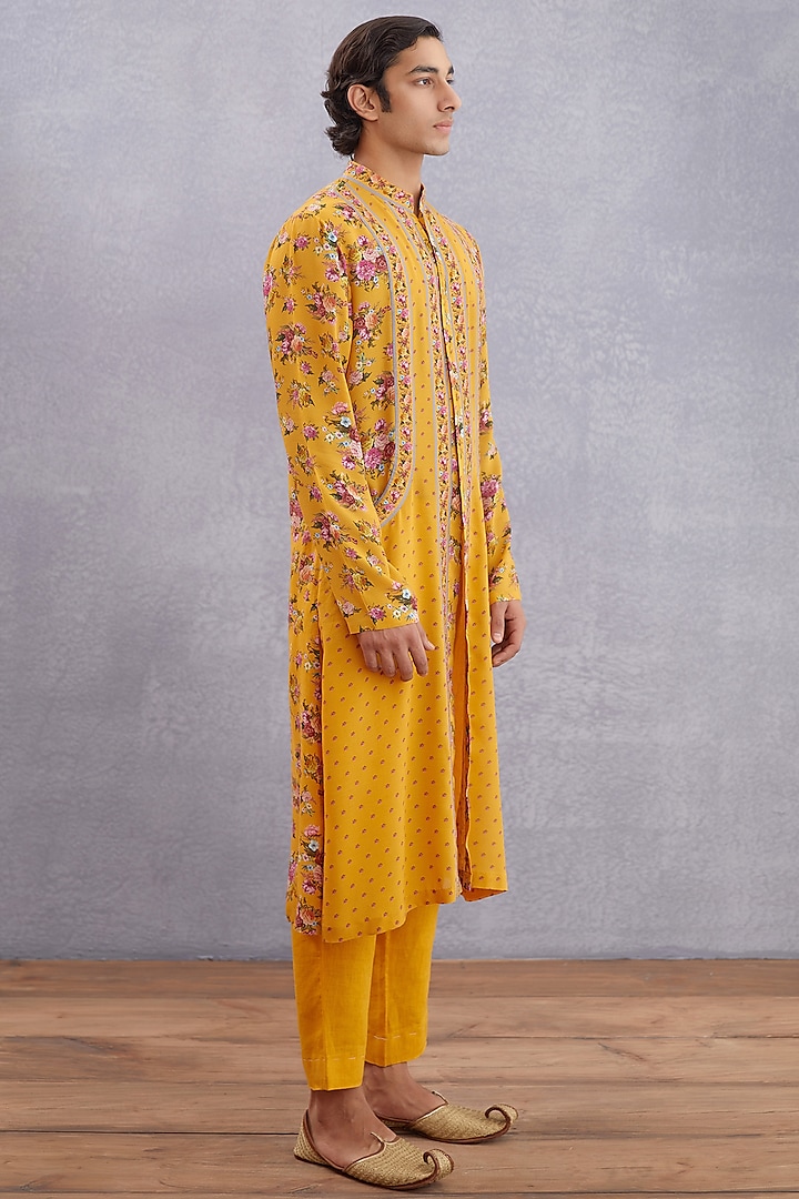 Yellow Cotton Silk & Handwoven Chanderi Hand Block Printed Kurta Set by Torani Men
