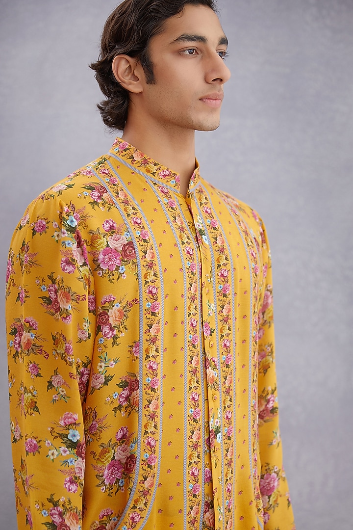 Yellow Cotton Silk & Handwoven Chanderi Hand Block Printed Kurta Set by Torani Men at Pernia's Pop Up Shop