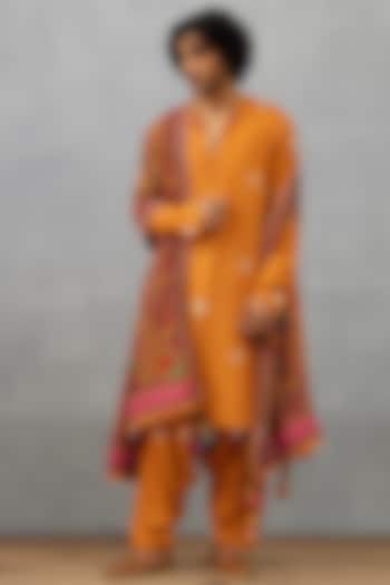 Orange Cotton Silk & Handwoven Chanderi Digital Printed Kurta Set by Torani Men
