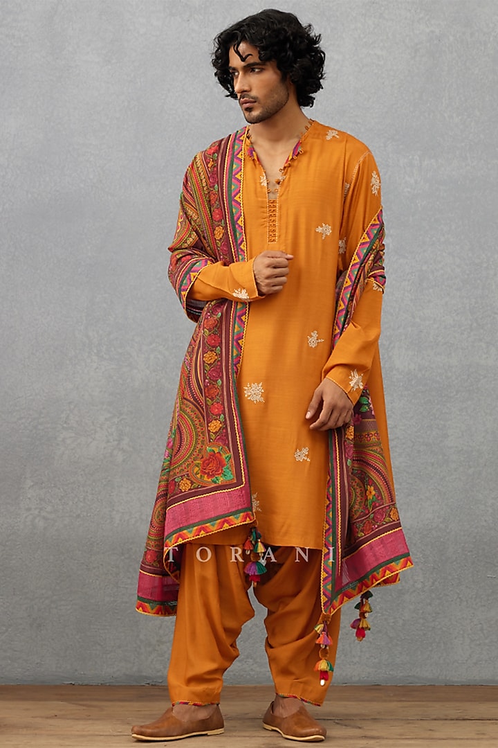 Orange Cotton Silk & Handwoven Chanderi Digital Printed Kurta Set by Torani Men