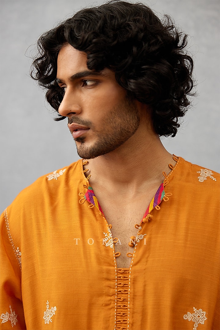 Orange Cotton Silk Digital Printed Kurta Set by Torani Men at Pernia's Pop Up Shop