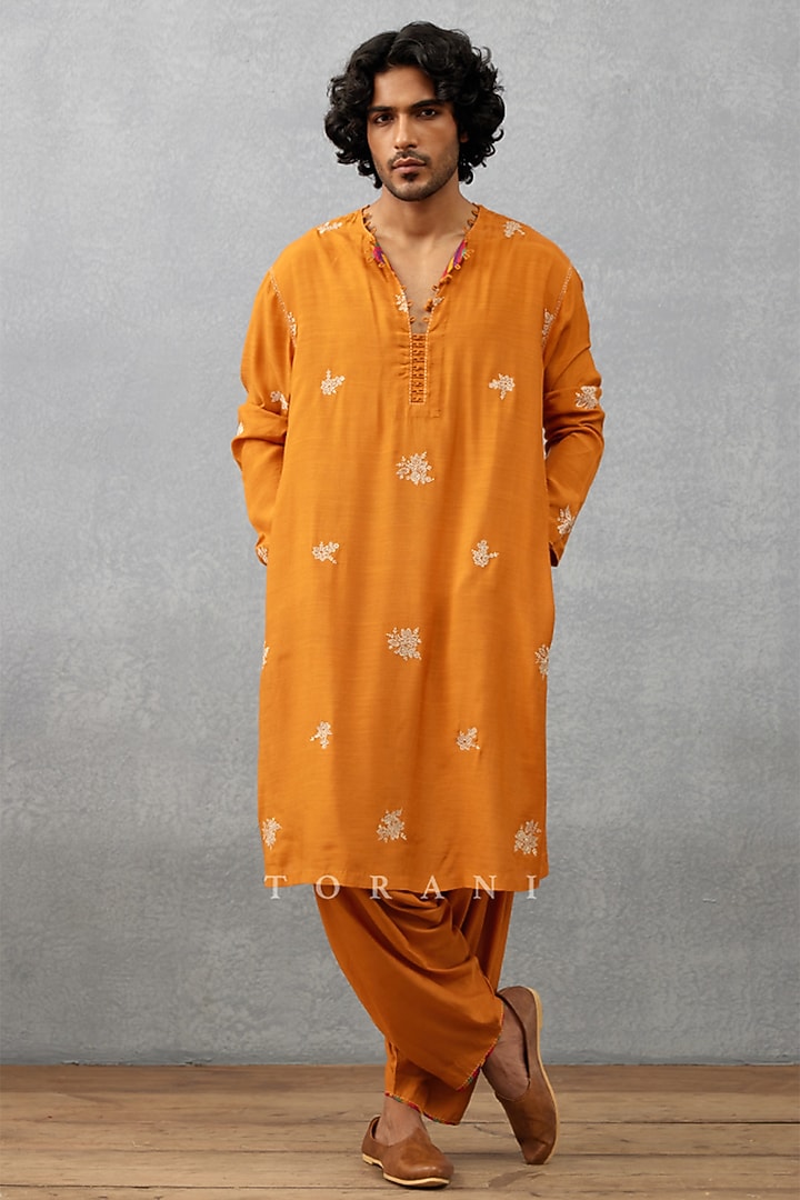 Orange Cotton Silk Digital Printed Kurta Set by Torani Men at Pernia's Pop Up Shop