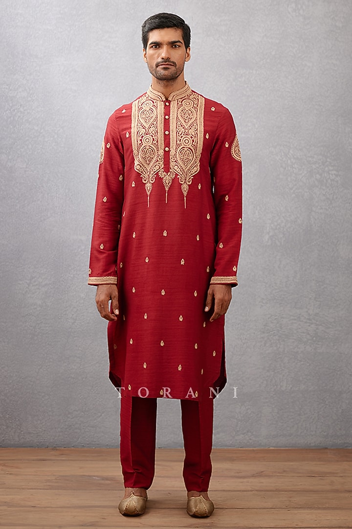 Red Cotton Silk & Raw Silk Dori Embroidered Kurta Set by Torani Men at Pernia's Pop Up Shop